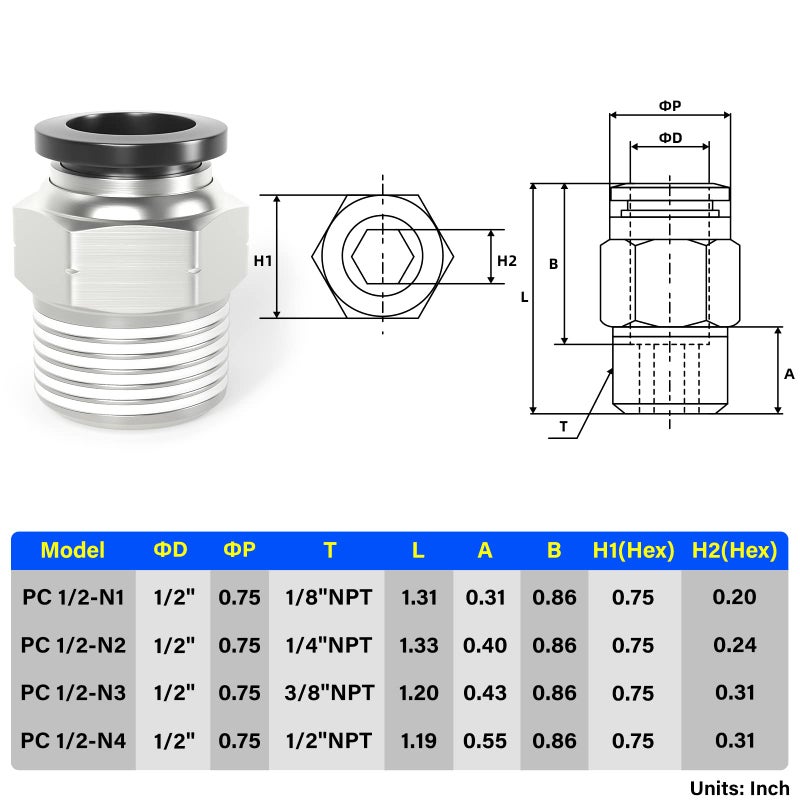 TAILONZ PNEUMATIC Male Straight 1/2 Inch Tube OD x 1/2 Inch NPT Thread Push to Connect Fittings PC-1/2-N4 (Pack of 5) - Image 2